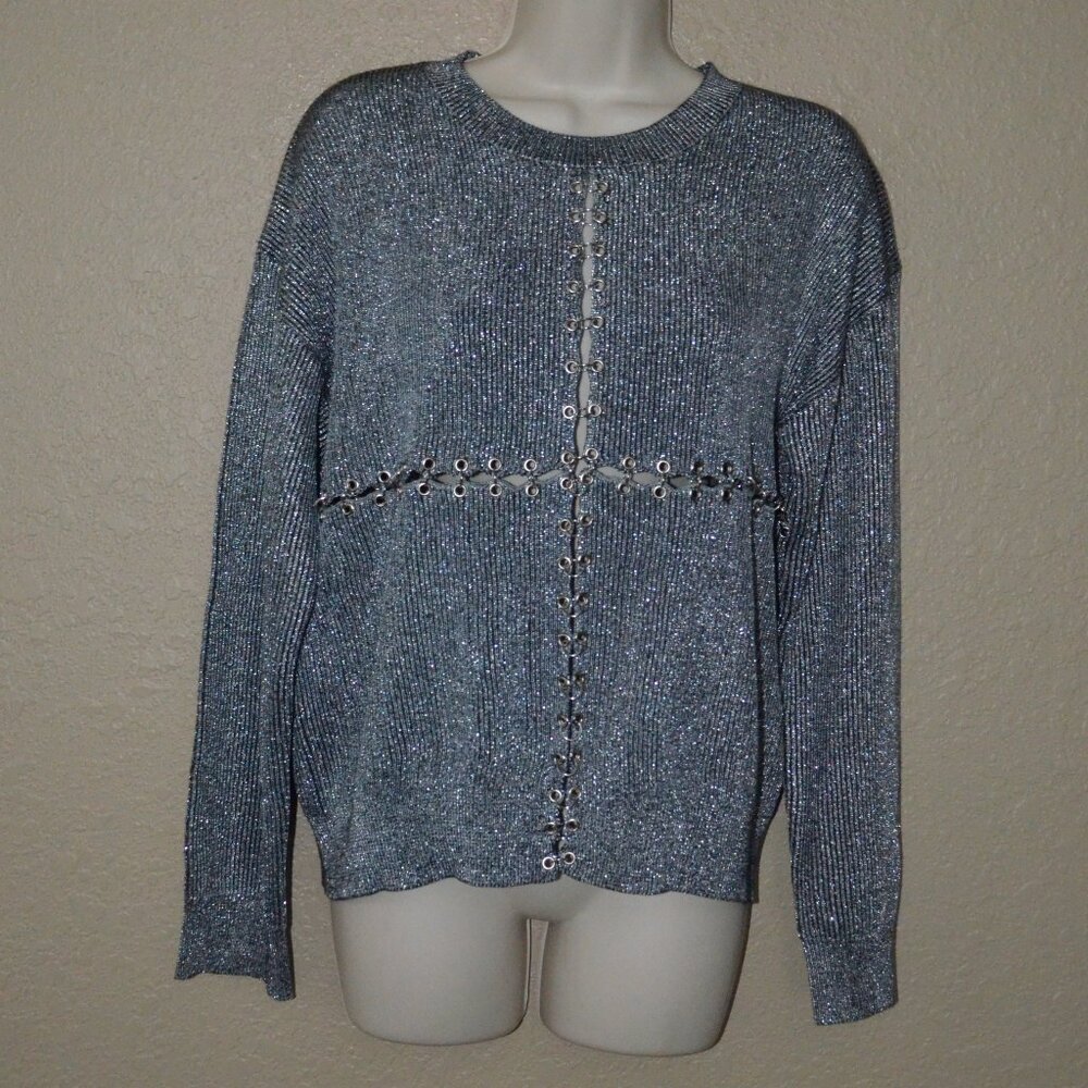 NWOT $362 Sz XS RTA Blue Silver Metallic Emmet Long Sleeve Sweater